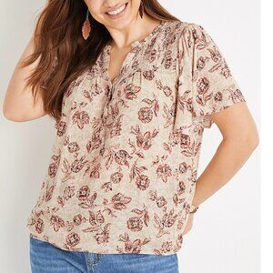Maurices Textured Blouse with Floral Design in Cream and Brown